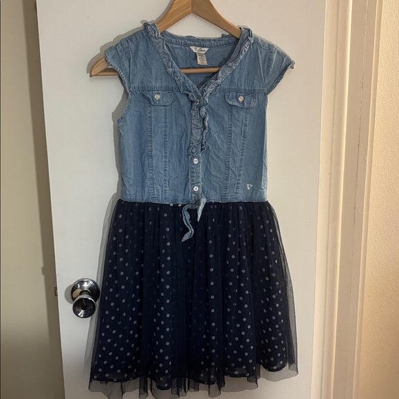 Guess Other - Guess Kids denim and tulle girls dress sz 14 Easter Spring Summer Polka Dot Navy